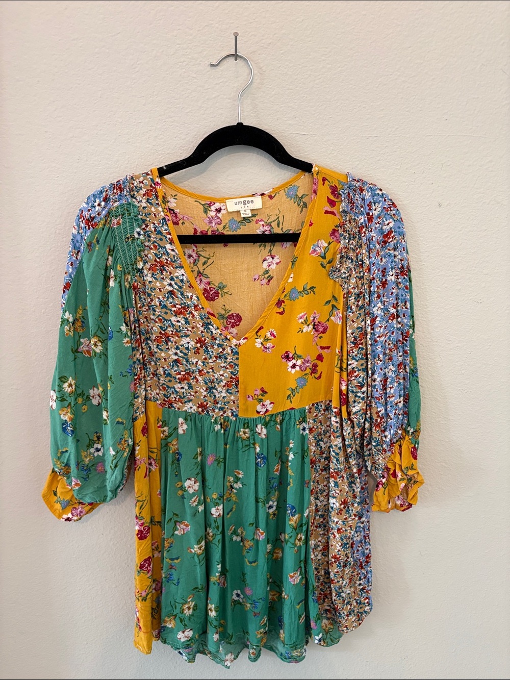 Umgee Mixed Floral Patchwork V-Neck Tunic - Mustard, Green & Blue